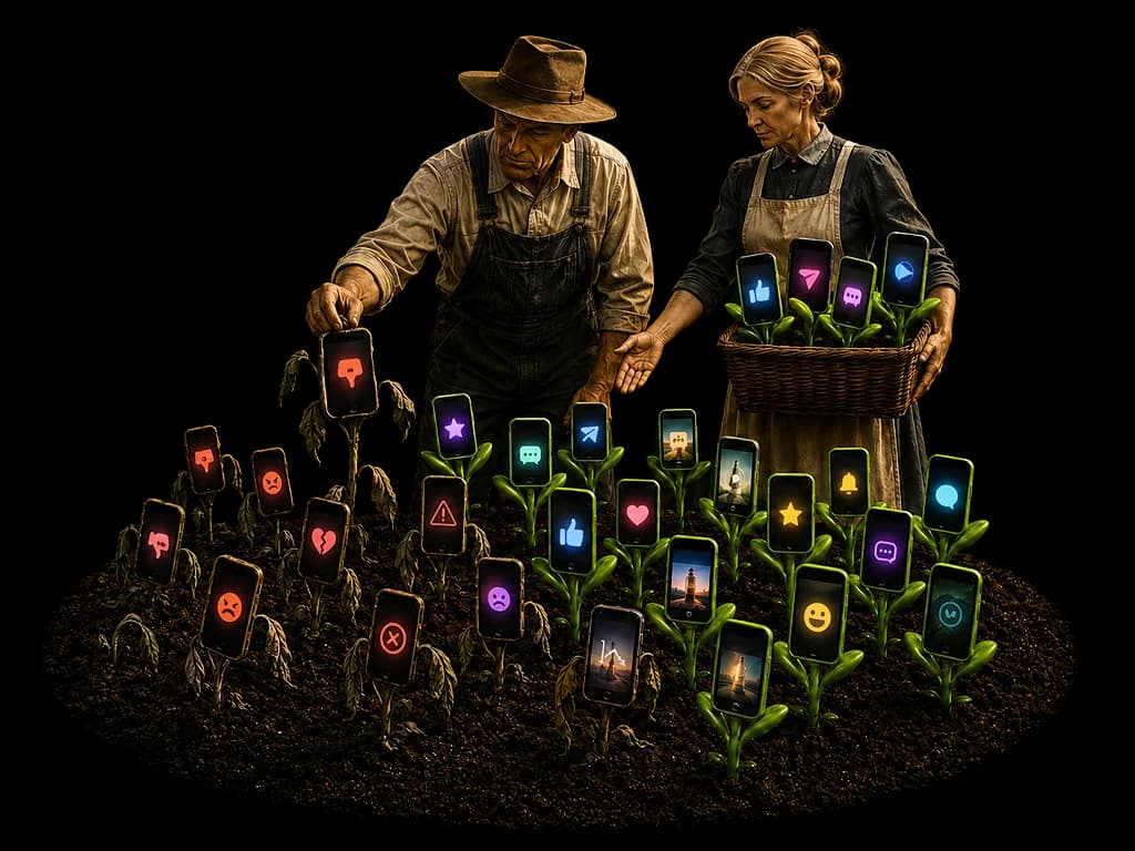 Agricultores fazem a curadoria de conteúdos digitais representados por celulares em um cultivo.